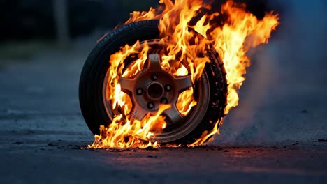 a car wheel on fire on the side of the road