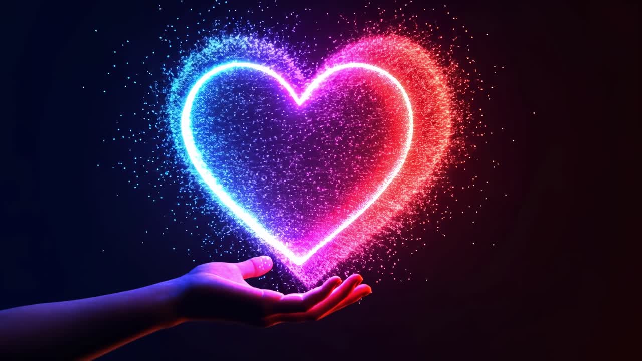 Colorful heart shape made of sparkles appears in a hand against a dark background creating a magical effect during the evening