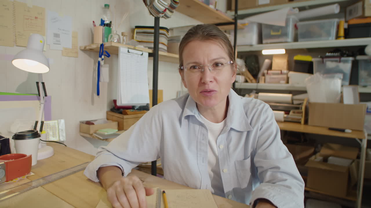 Woman Speaking on Camera on Video Call in Delivery Service Office