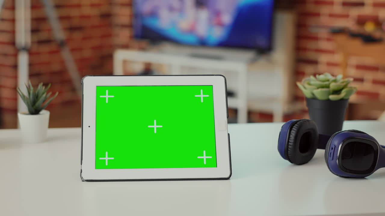 Empty desk with digital tablet showing green screen on display