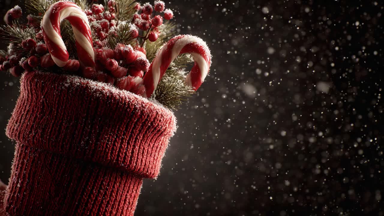 A Festive Red Stocking Filled with Candy Canes and Winter Decor, Adorned with Holly and Snowflakes, Amidst a Beautiful Wintery Background