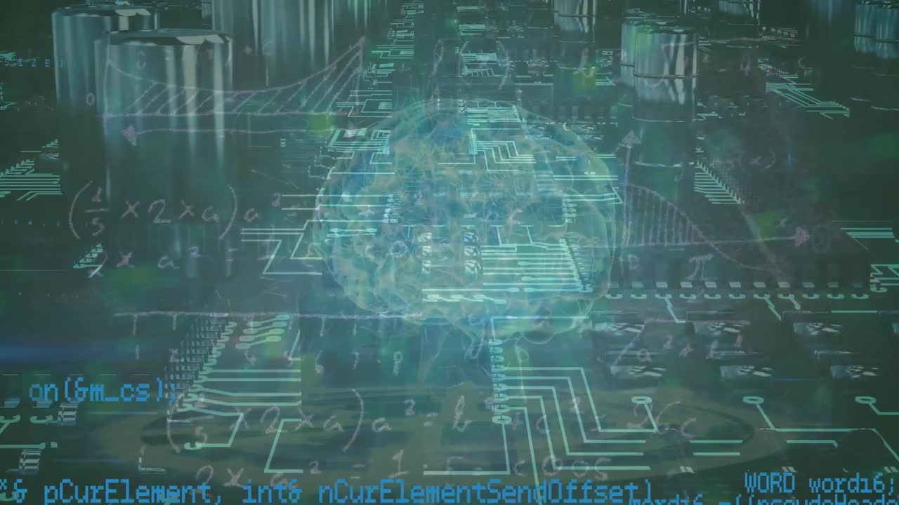 Animation of digital brain and data processing over computer circuit board