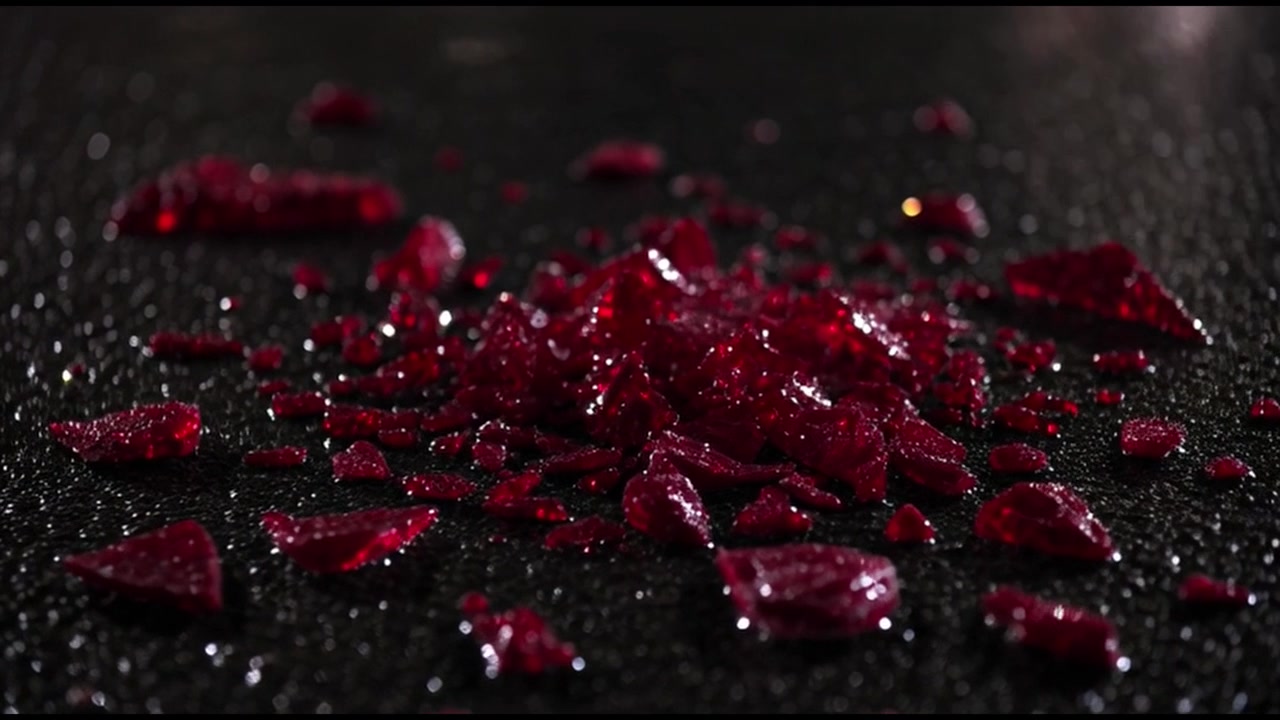 Red Crystal Shards Scattered on a Dark Reflective Surface
