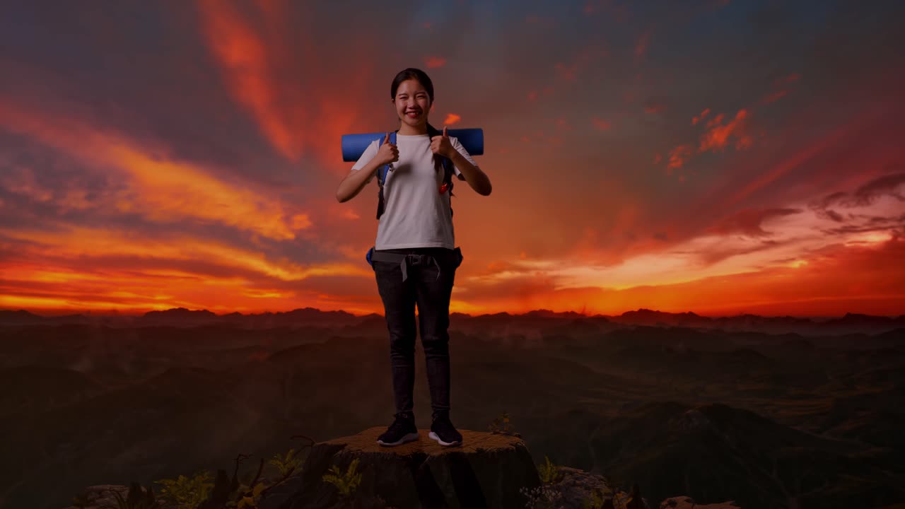 mujer caminando por las montañas al amanecer o al atardecer