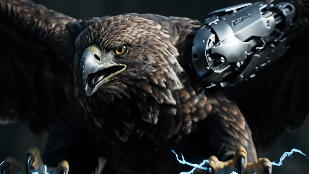 Cybernetic Eagle with Robotic Arm and Lightning Claws