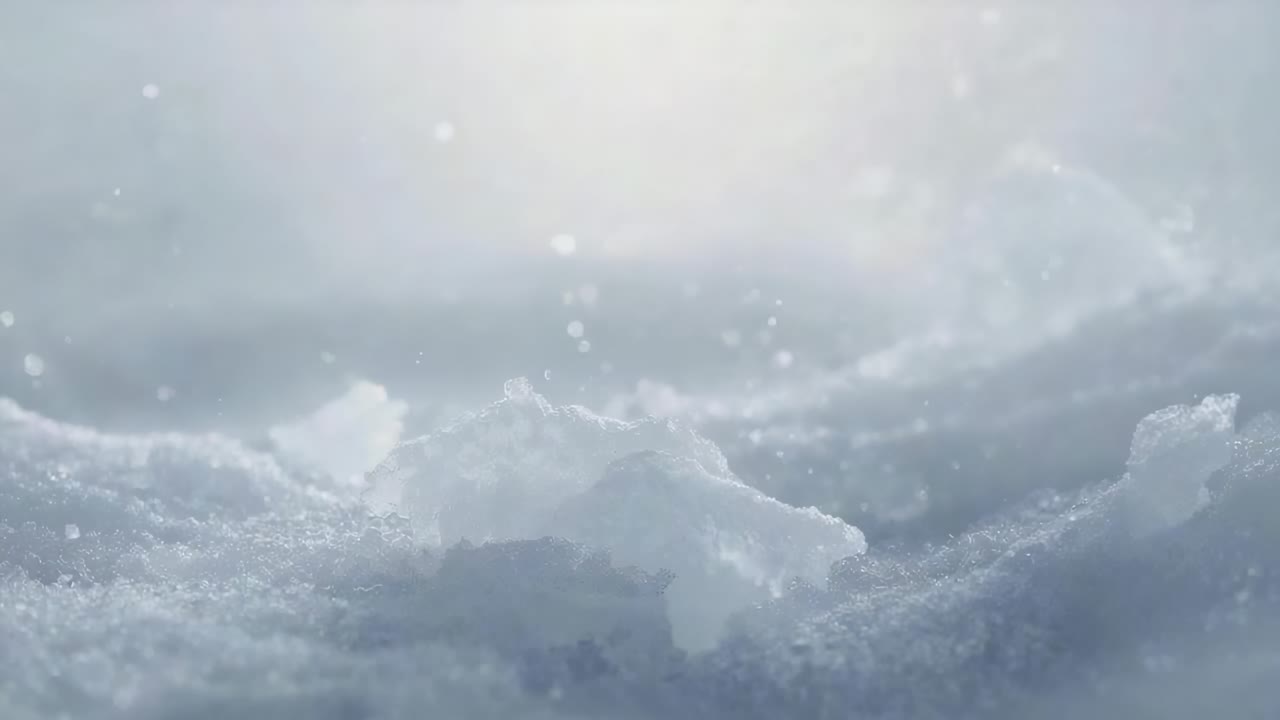 Brightening light, drifting clear six-petal flake settling on snow mound in macro, copy space