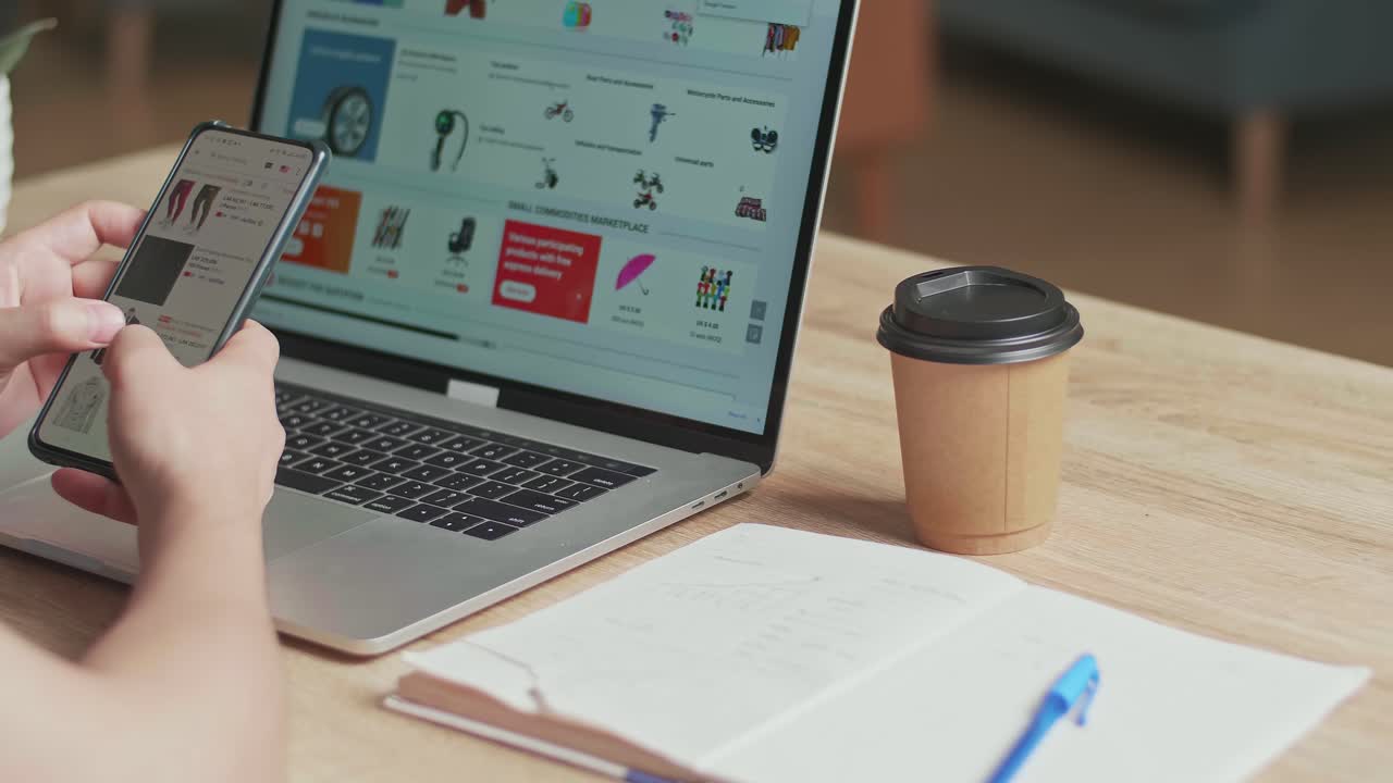 Man Use Mobile Phone And Laptop Computer Shopping Online, Video In 4K