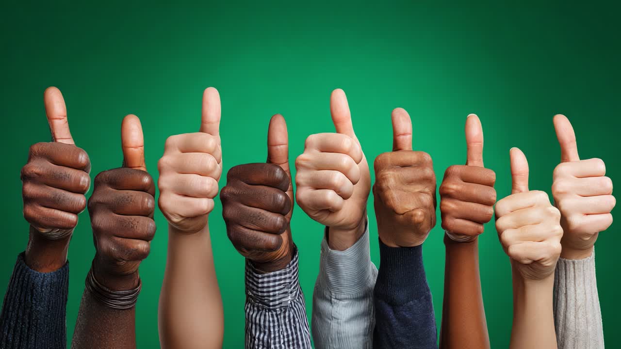 Un grupo diverso de manos mostrando un pulgar hacia arriba con entusiasmo al unísono sobre un fondo verde, que simboliza positividad y acuerdo