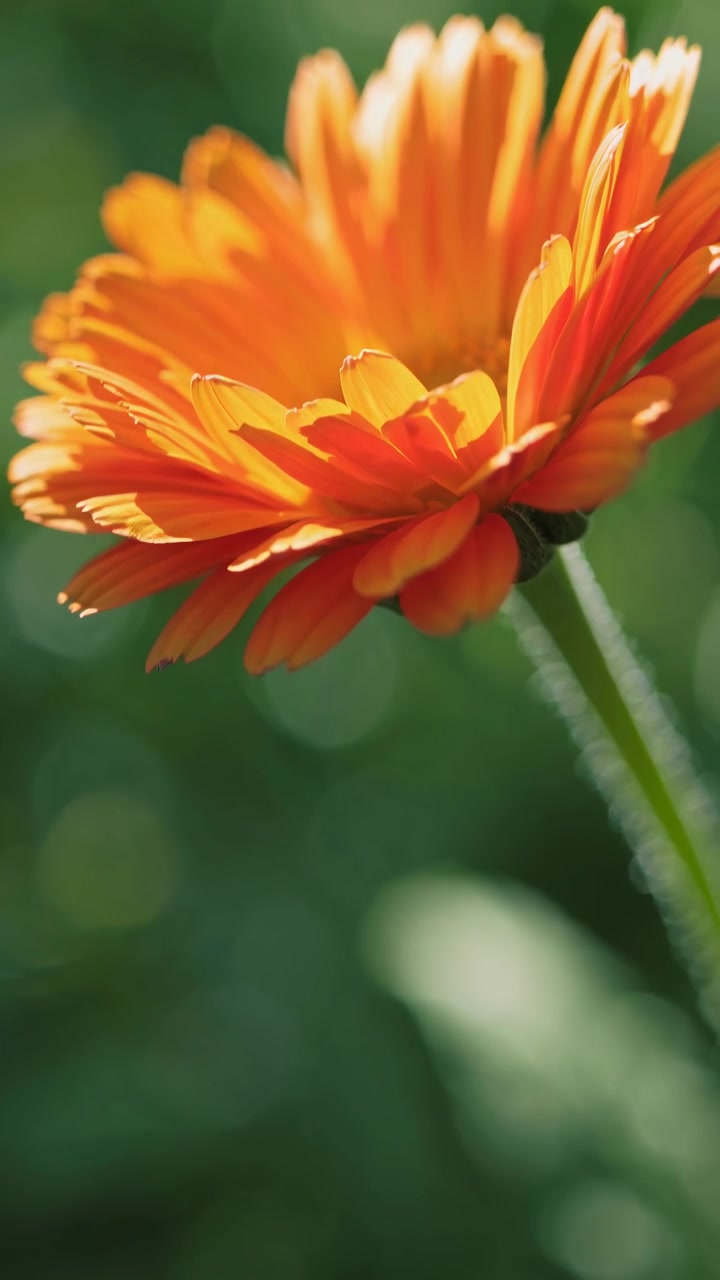 Primo piano di un vivace fiore di calendula arancione che ondeggia alla luce del sole