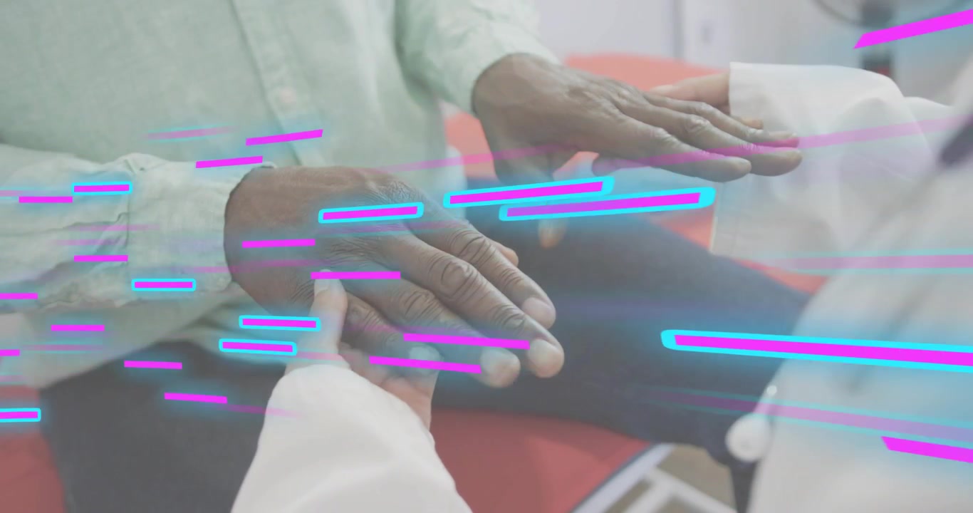 Medical pro placing hand on patient wrist locating pulse and monitoring vitals amid glitch overlay