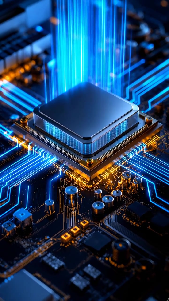Across this early-to-middle sequence, a square microchip near the center of a dark circuit board emits vivid blue light upward and through surrounding traces