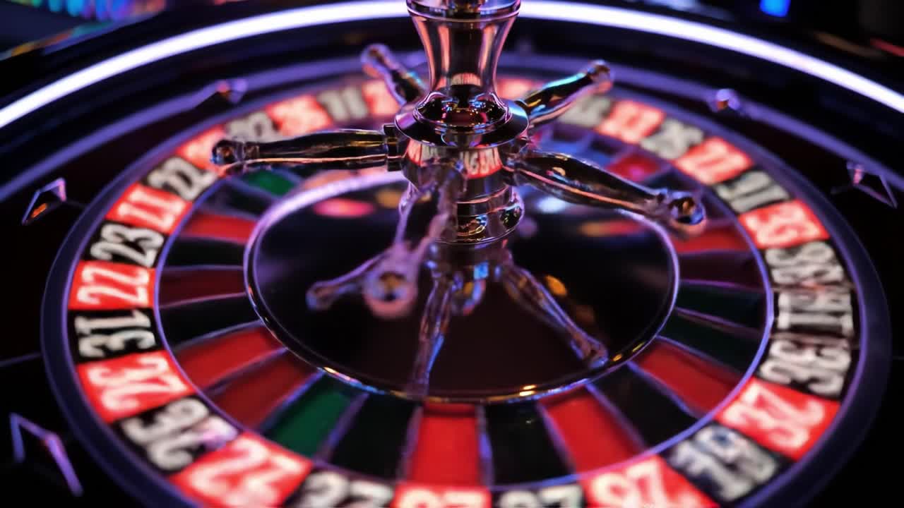 A Close-Up View of a Spinning Roulette Wheel Featuring Bright Lights and Colorful Numbers, Capturing the Excitement of Casino Gaming