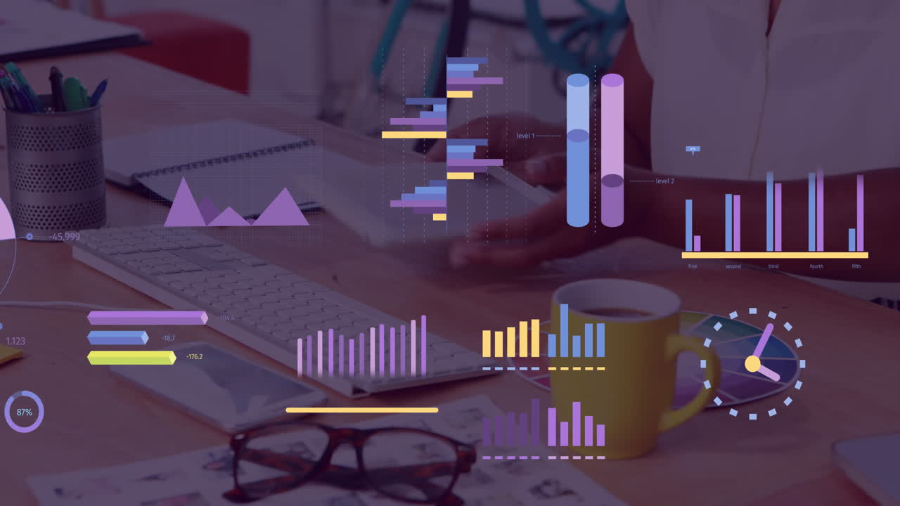 Animation of statistics and financial data processing over businesswoman using computer