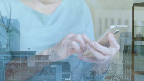 animation of cityscape over senior caucasian woman using smartphone