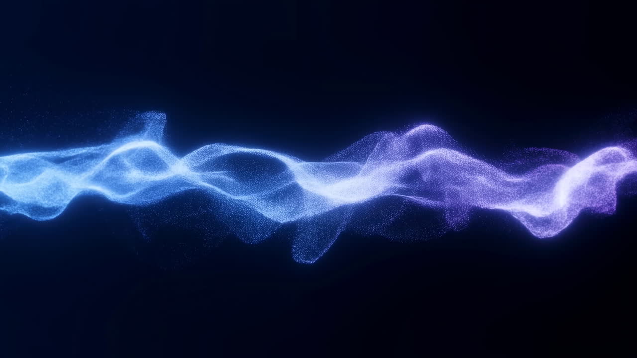 Abstract Flowing Blue and Purple Particle Wave on Black Background
