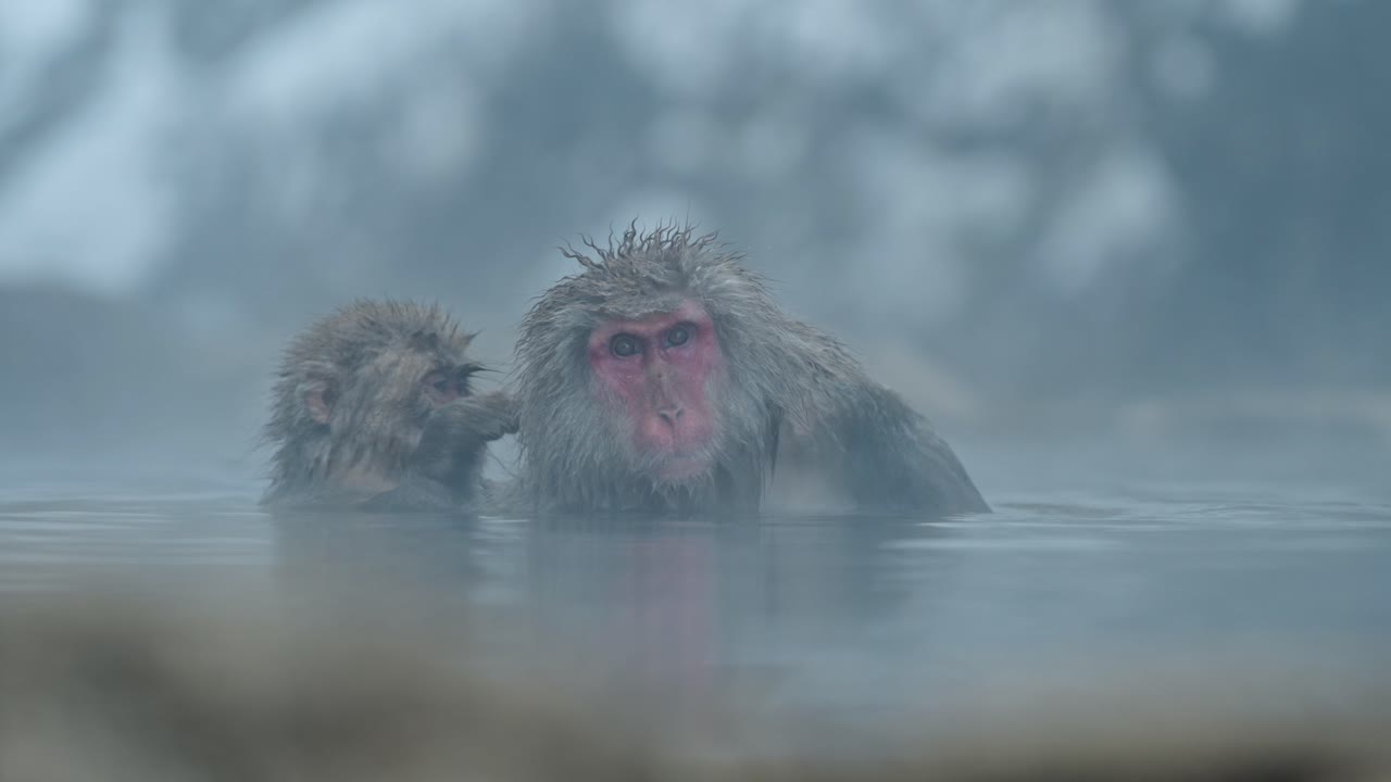 A serene and relaxed mother snow monkey enjoys a grooming session from her baby in the tranquil, foggy onsen of Jigokudani, Japan.