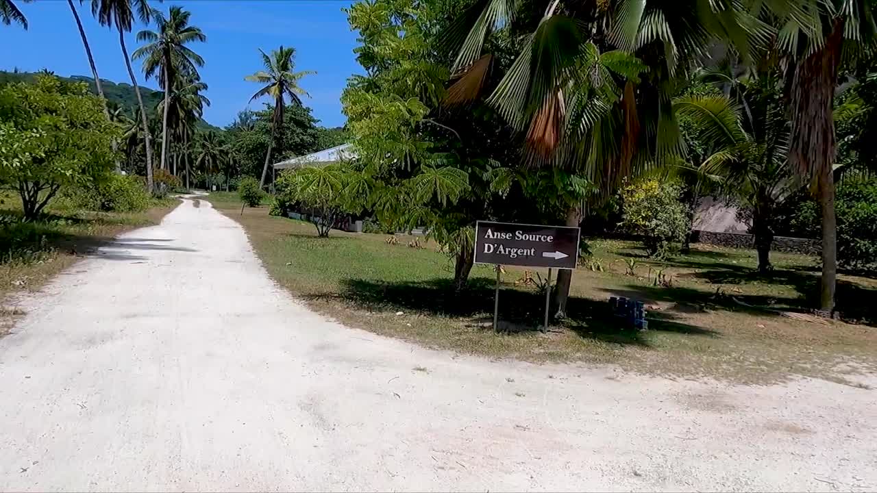 Kvinna i rött cyklar på en grusväg till Anse Source D'argent-stranden på La Digue i Seychellerna.