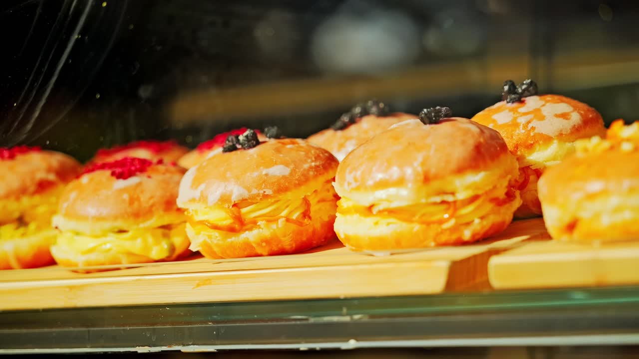 Golden cream filled doughnuts shine in bakery window inviting sweet delight