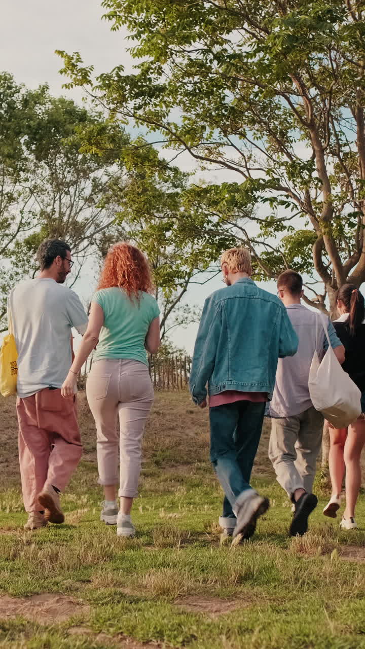 Friends Walking to a Picnic in the Park