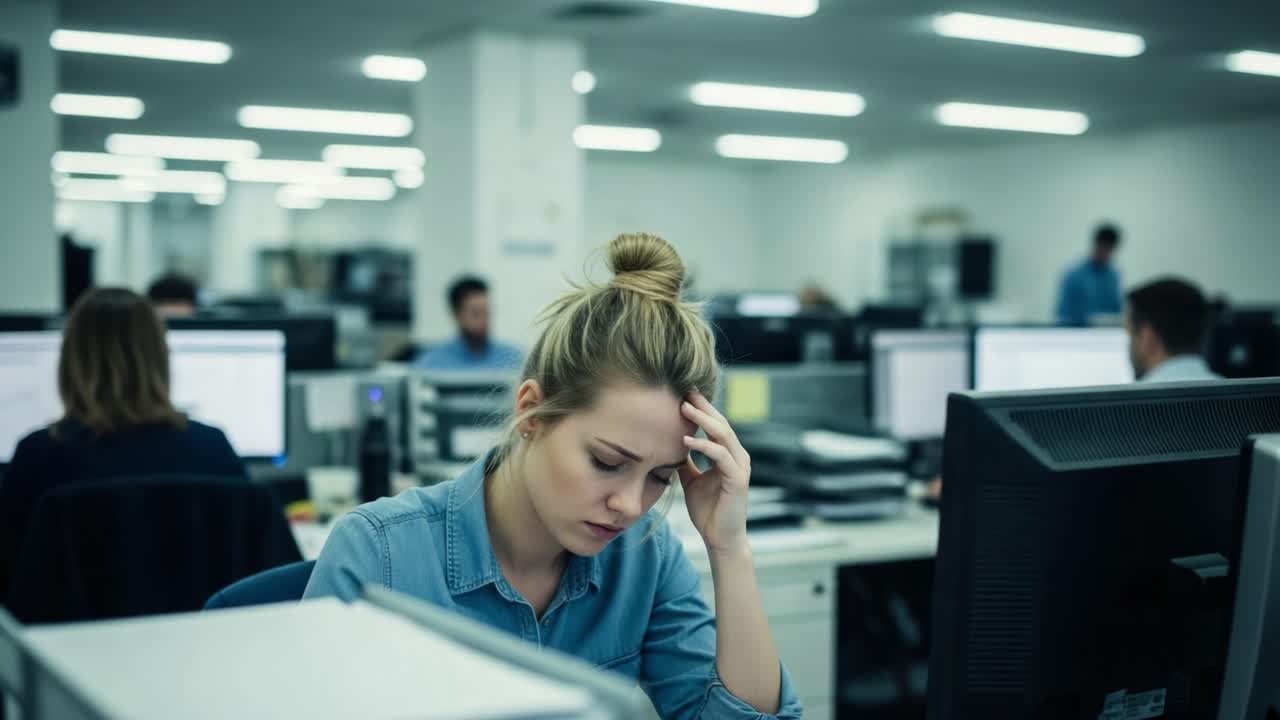 Stressed young woman working in a busy office