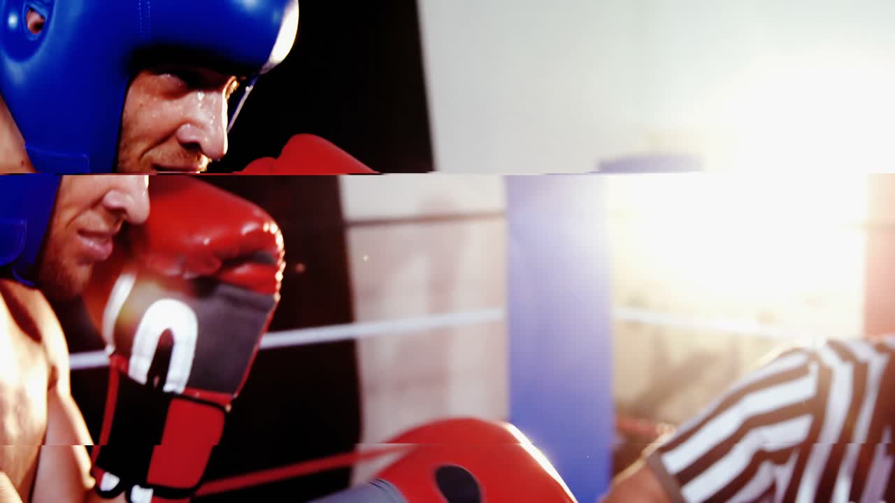 두 명의 권투 선수 가 권투 링 에서 싸우고 있다