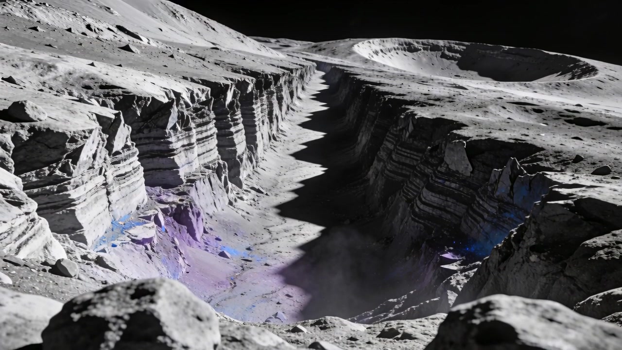 Un pennacchio di polvere si solleva dal fondo di una rima, mostrando un canyon a terrazze, macchie viola-blu e rocce del bordo.