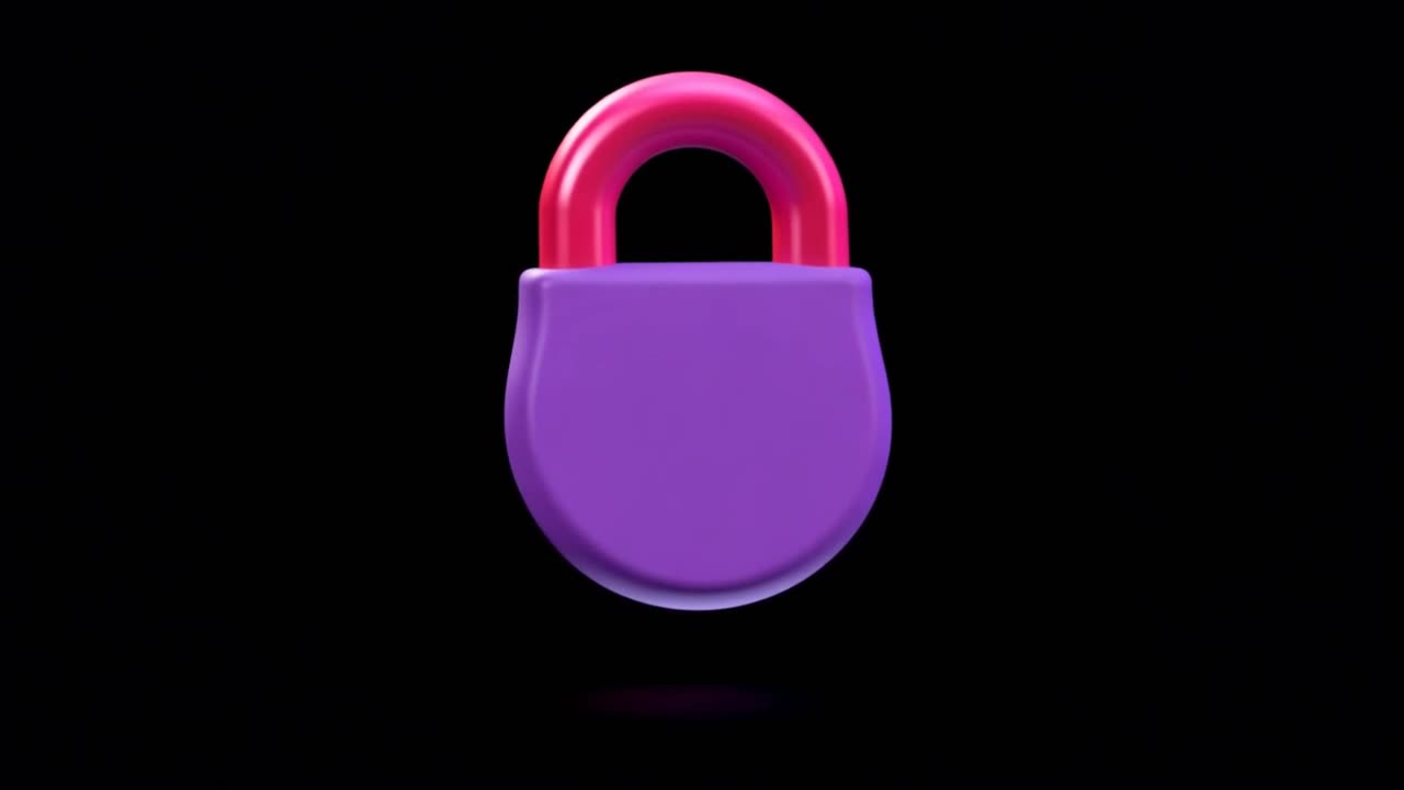 Icona di sicurezza con lucchetto viola animato in 3D su sfondo nero