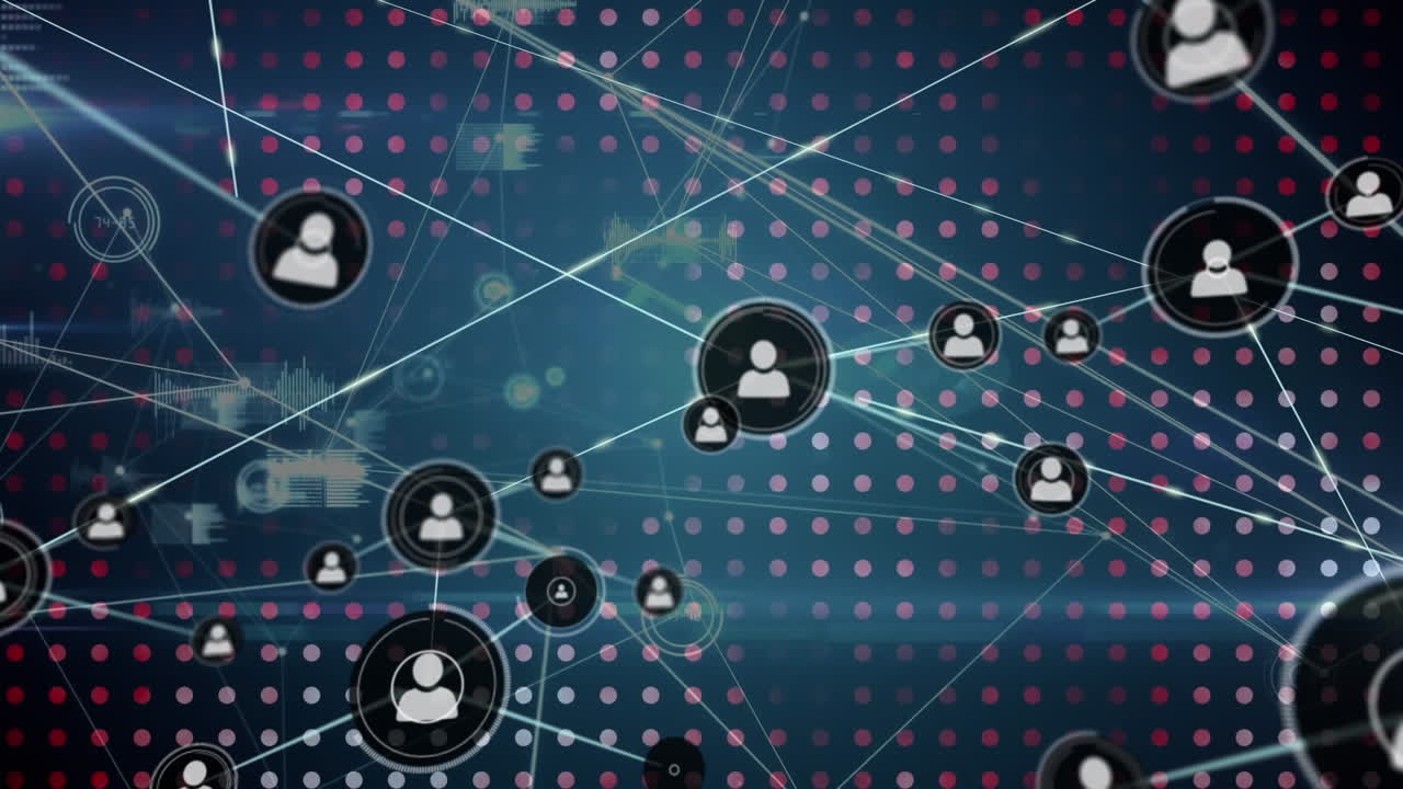 Animation of network of profile icons and data processing over dots pattern against blue background