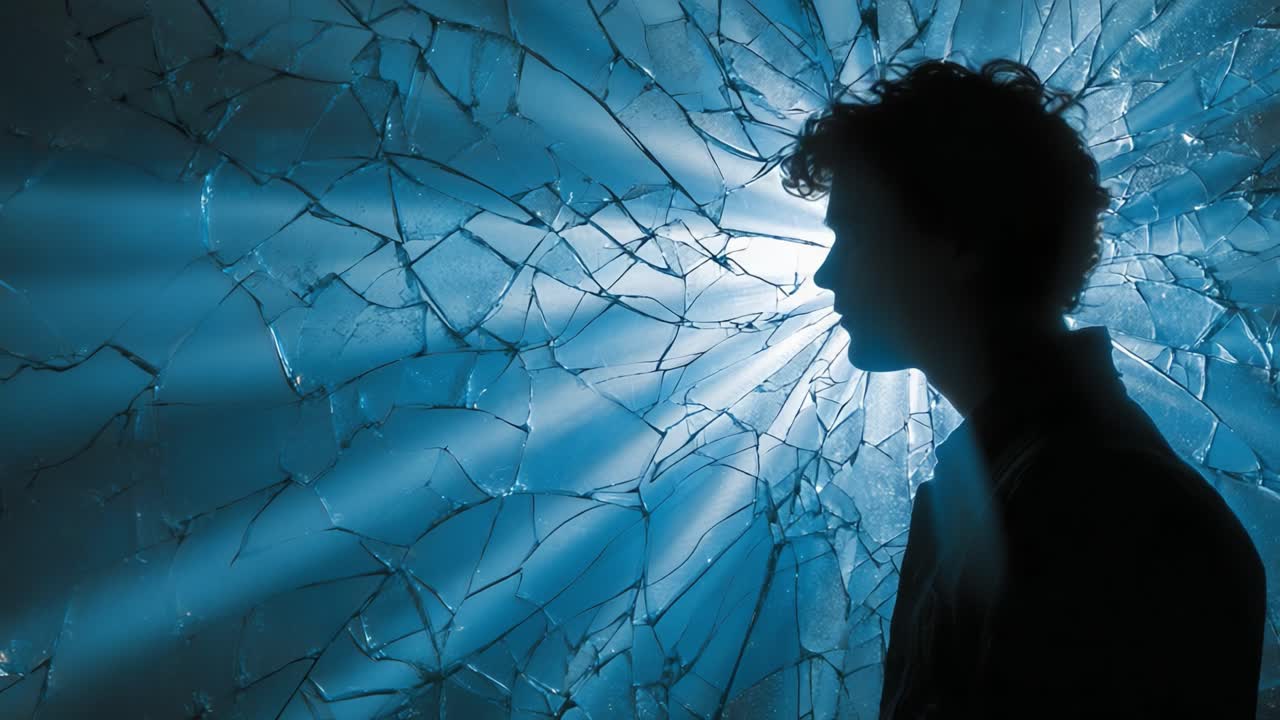 Um momento profundo de reflexão: explorando a busca por clareza em meio a realidades fragmentadas iluminadas por vidro estilhaçado.