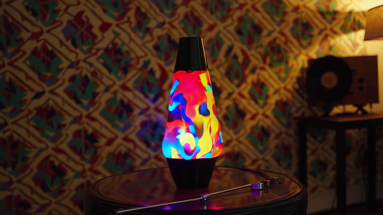 Vibrant Lava Lamp with Changing Colors in a Retro Setting