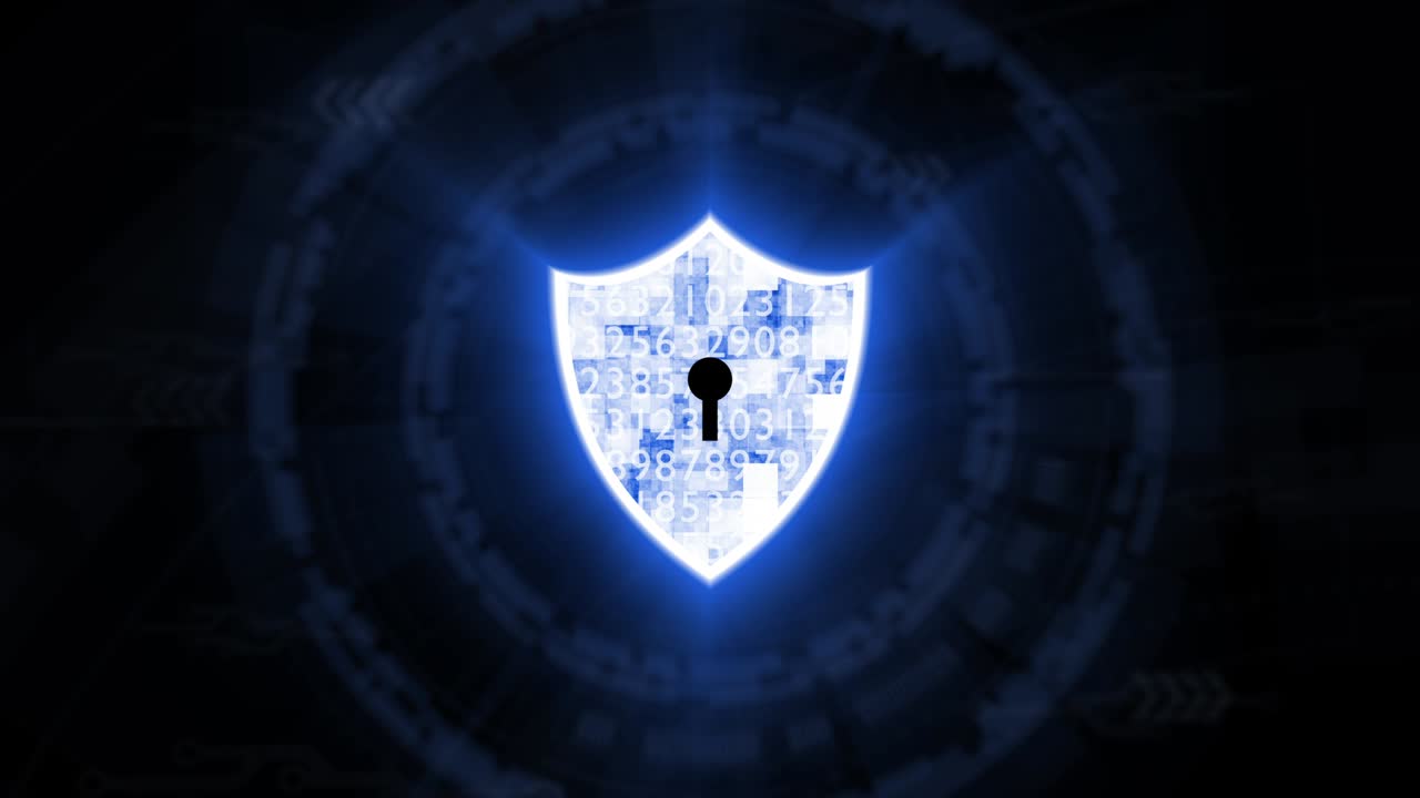 uno scudo di sicurezza blu e un firewall motion graphic su sfondo blu circolare, il sistema di sicurezza per il computer e il concetto di rete.