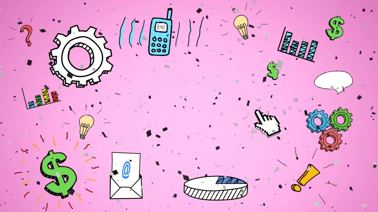 animación de iconos de negocios y oficinas en fondo rosa