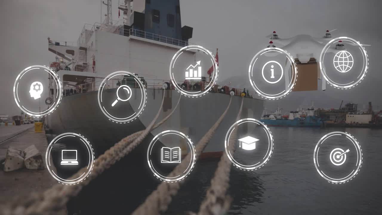 조선소에서 선박 위의 아이콘으로 데이터 처리의 애니메이션