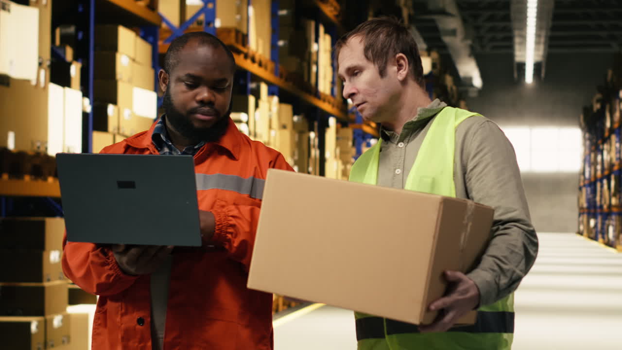 Diverse colleagues moving cargo in boxes using laptop for inventory control