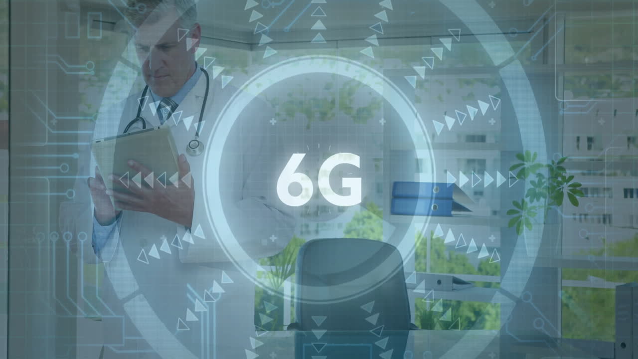 Doctor holding tablet and stethoscope in medical office, integrating digital 6G interface graphics