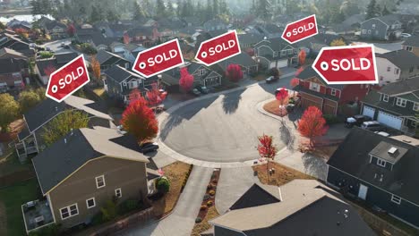 orbiting shot of an american neighborhood with "sold" signs animating over the houses