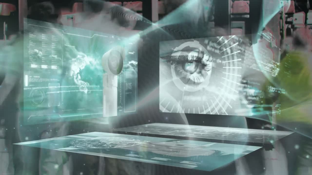 cctv 카메라의 애니메이션과 빠른 움직임으로  ⁇ 는 보행자 위의 화면에서 데이터 처리