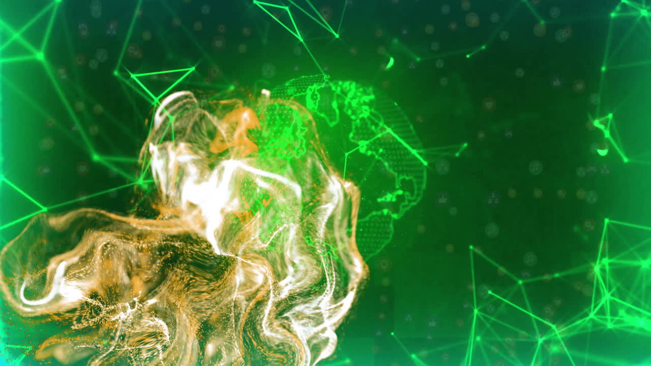 Animation of glowing trails over connections with globe on green background