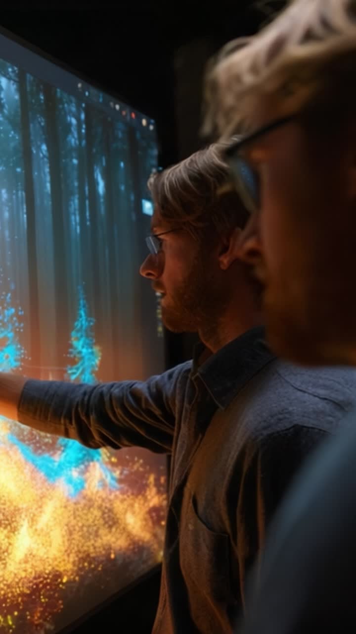 Interazione creativa con l'arte digitale: due individui impegnati nel processo artistico su un grande schermo che mostra una scena di foresta colorata con particelle scintillanti