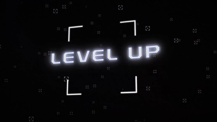 Animation of level up text in white over square scope, with flashes of colour, on black background