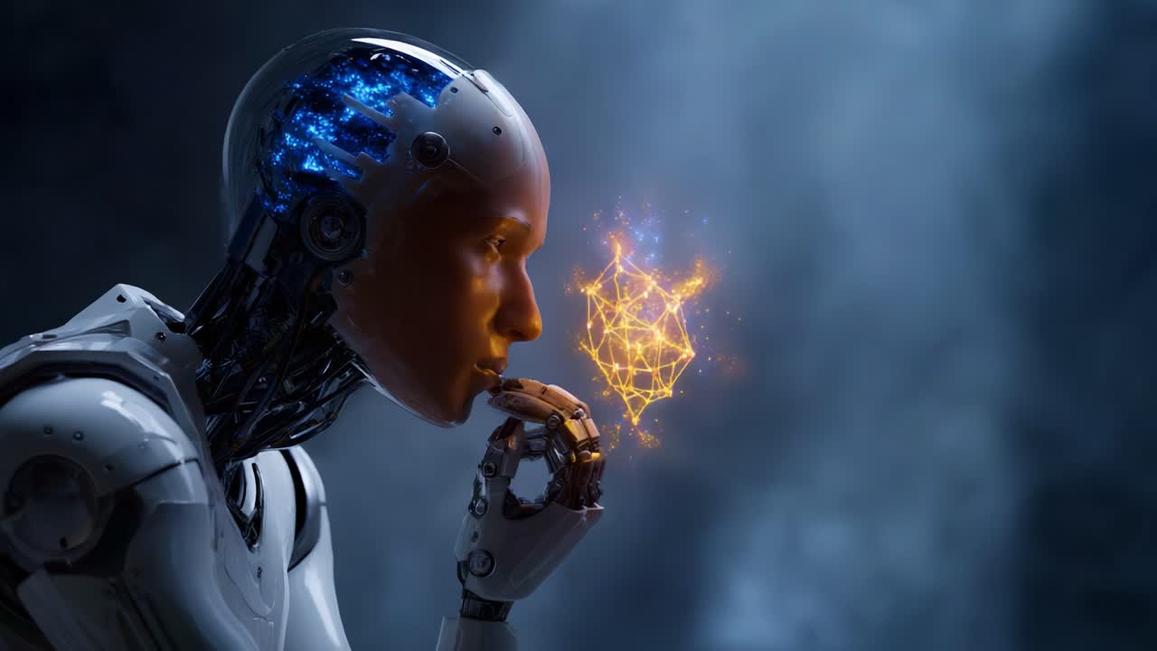 Un robot riflessivo con una rete neurale luminosa interagisce con una forma geometrica luminosa, esplorando il concetto di intelligenza artificiale e cognizione