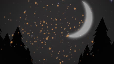 Animation-Von-Weihnachtssternen,-Die-über-Nachthintergrund-Mit-Mond-Fallen