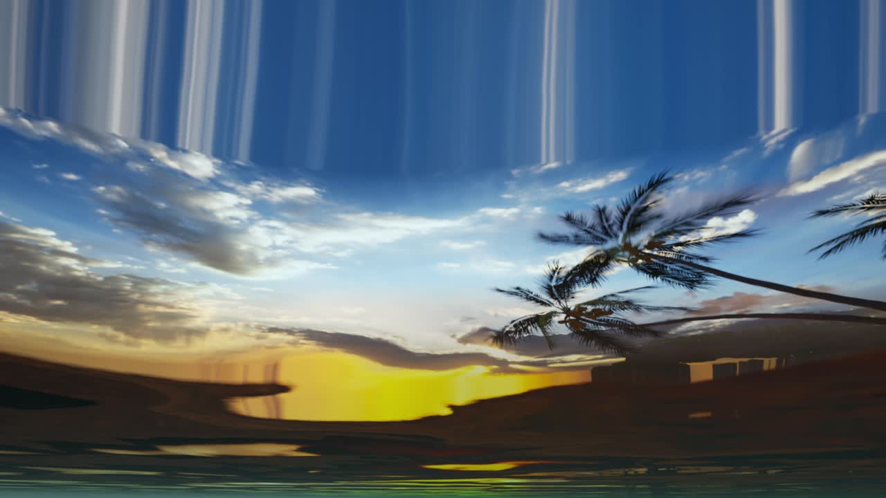 Underwater Part And Sunset Skylight With Tree Palm. Beautiful Clouds And Bright Sun Over Sea Water