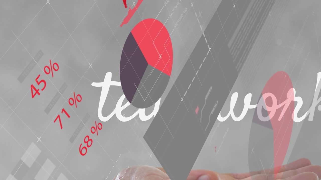 회색 배경의 통계 데이터 처리에 대항하여 컵에 인 손 위에 팀워크 텍스트의 애니메이션