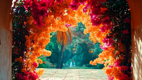 un túnel de flores que está iluminado con flores rojas y naranjas