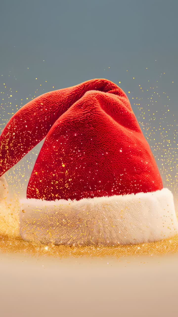 Vertical video: Lifting gold glitter by breeze around red velour Santa hat in studio, shimmering