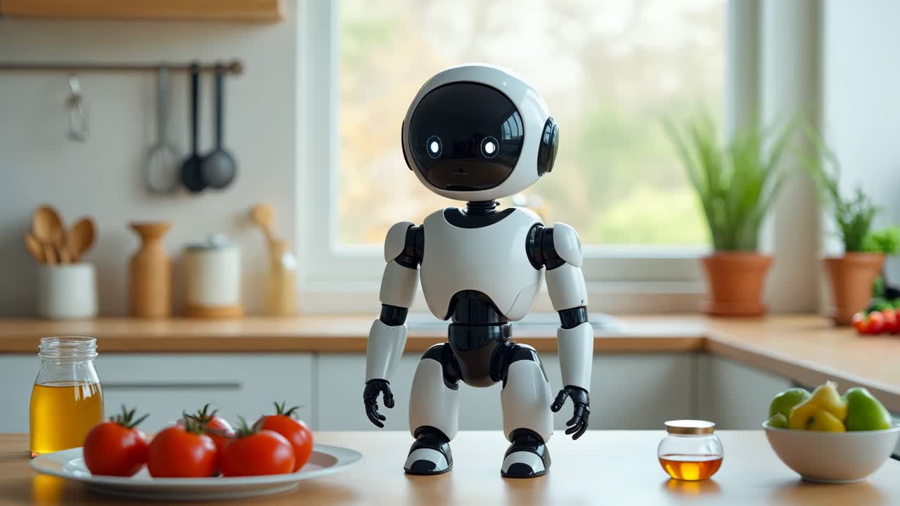 un robot de pie en un mostrador de la cocina junto a un plato de verduras