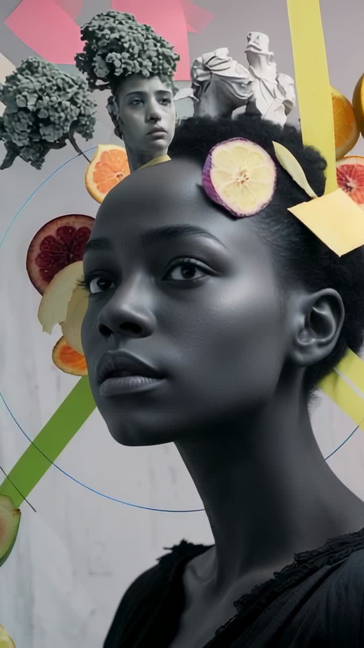 Vertical video: Opening camera pulling back in studio revealing fruit pastel bars and floral bust