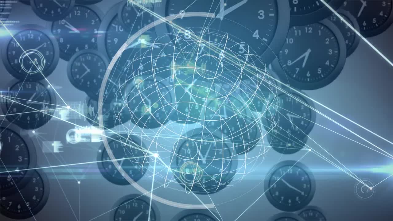 연결 네트워크와 하 ⁇  배경에 시계 위의 지구의 애니메이션