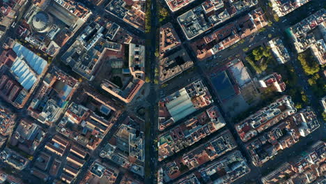 Aerial-birds-eye-overhead-top-down-view-of-urban-neighbourhood-at-golden-hour.-Buildings-in-city.